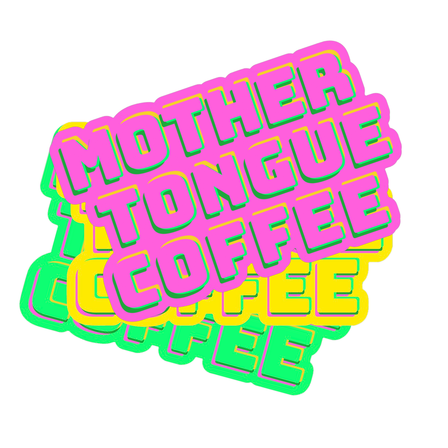 Stack of three Mother Tongue stickers in pink, yellow, and teal