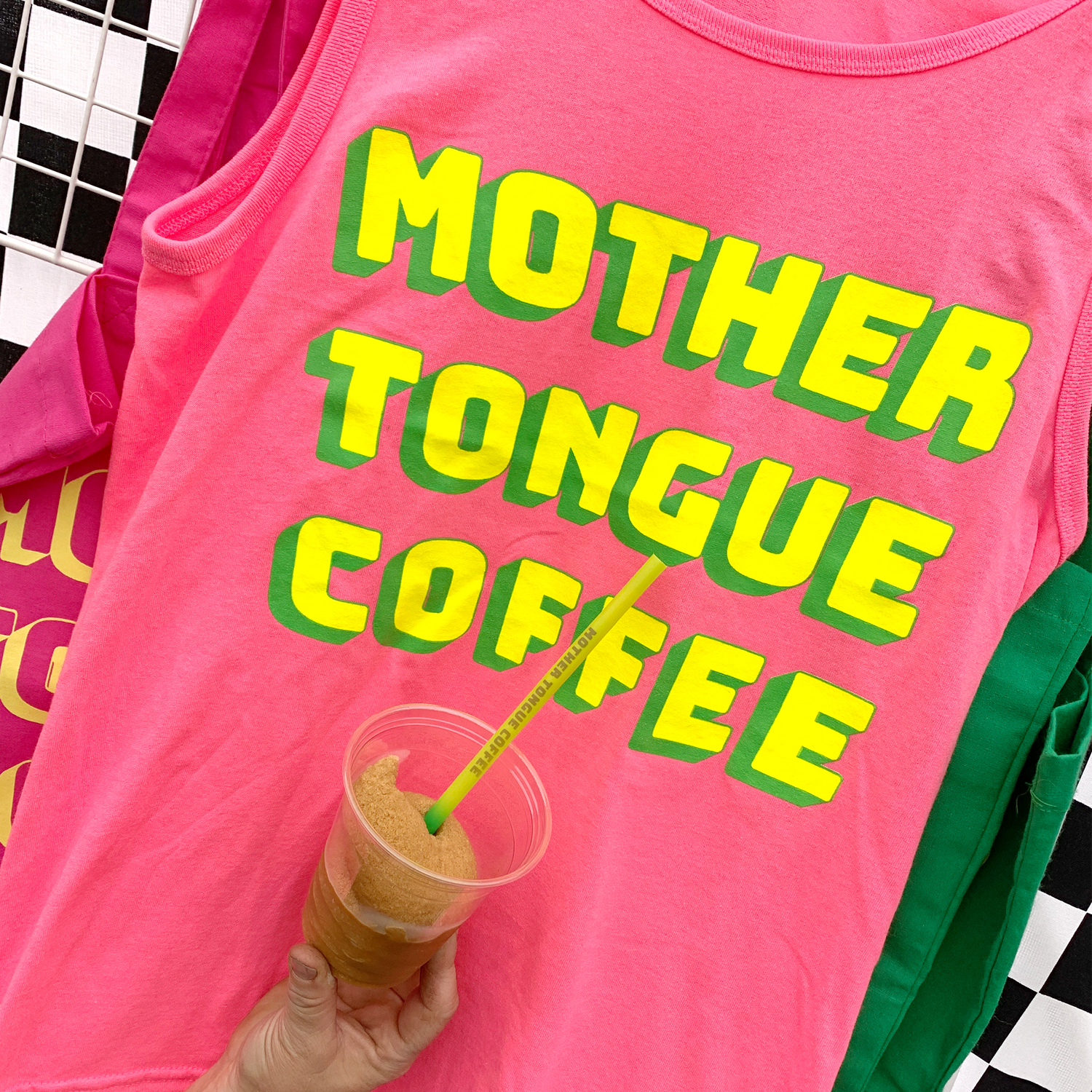 Neon pink Mother Tongue Coffee muscle tee tank top